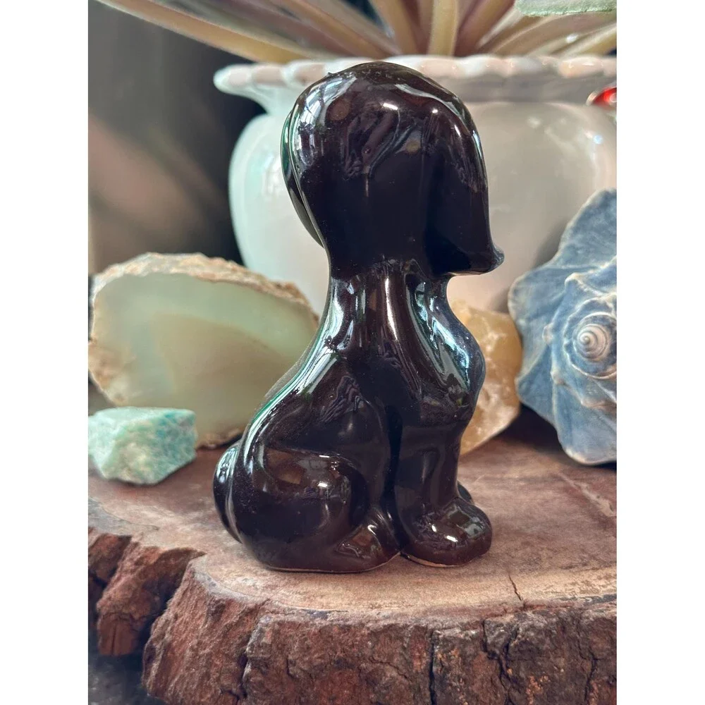 Vintage Brown Glazed Hound Dog Figurine Hand Painted Redware Pottery Folk Art Pu